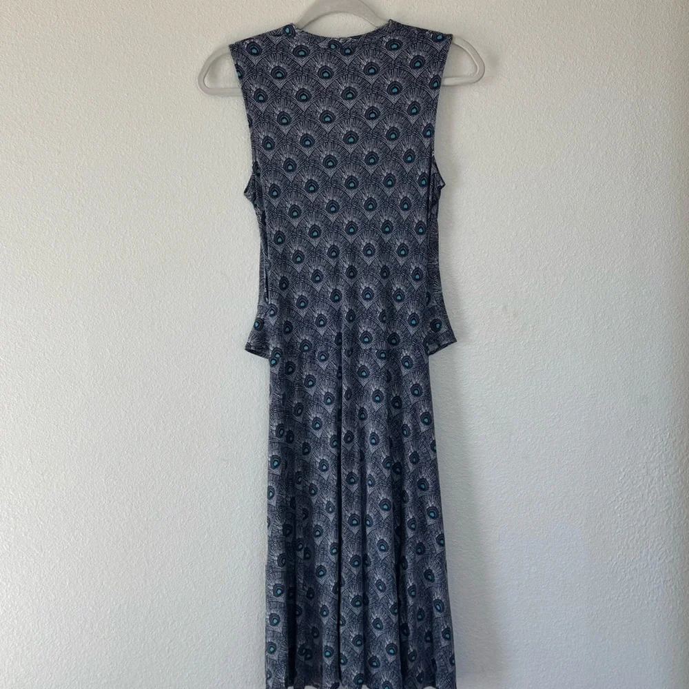 Tory Burch 100% Silk Wrap Dress Peacock Feather Print Sleeveless Purple Blue S - Picture 6 of 13
